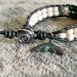 Whale Tail Charm Leather Wrap Bracelet, African Turquoise & Sterling Silver